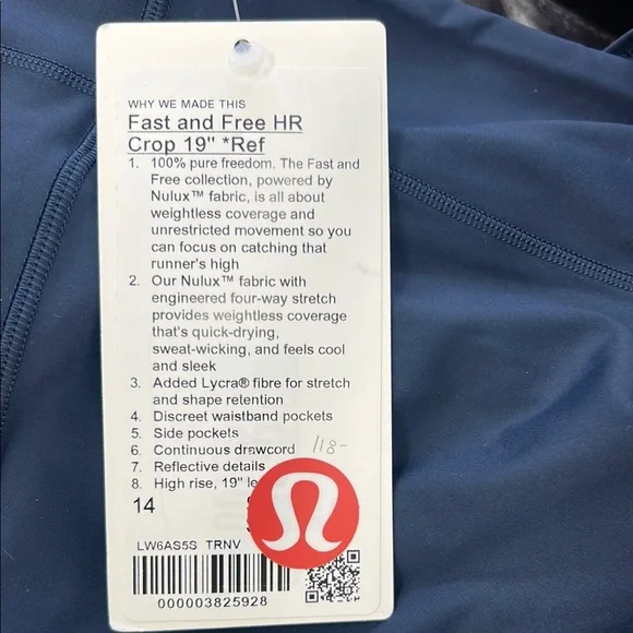 Lululemon Fast and Free 19” Navy Blue Leggings. Size 14. NWT